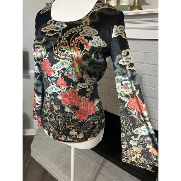 CLIO Vintage 90s Y2K Japanese Floral Velvet Velour Rhinestone Bell Sleeve Top M - Picture 3 of 6